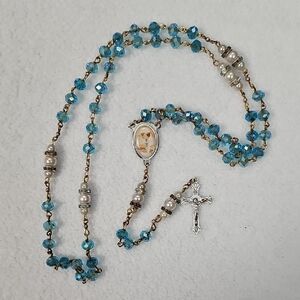 Blue Crystal and Pearl Rosary Necklace - Religious Jewelry
